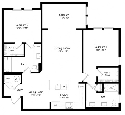Two Bedroom Floor Plan | 1,283 Sq. Ft. at The Morgan Luxury Apartments in Orlando FL